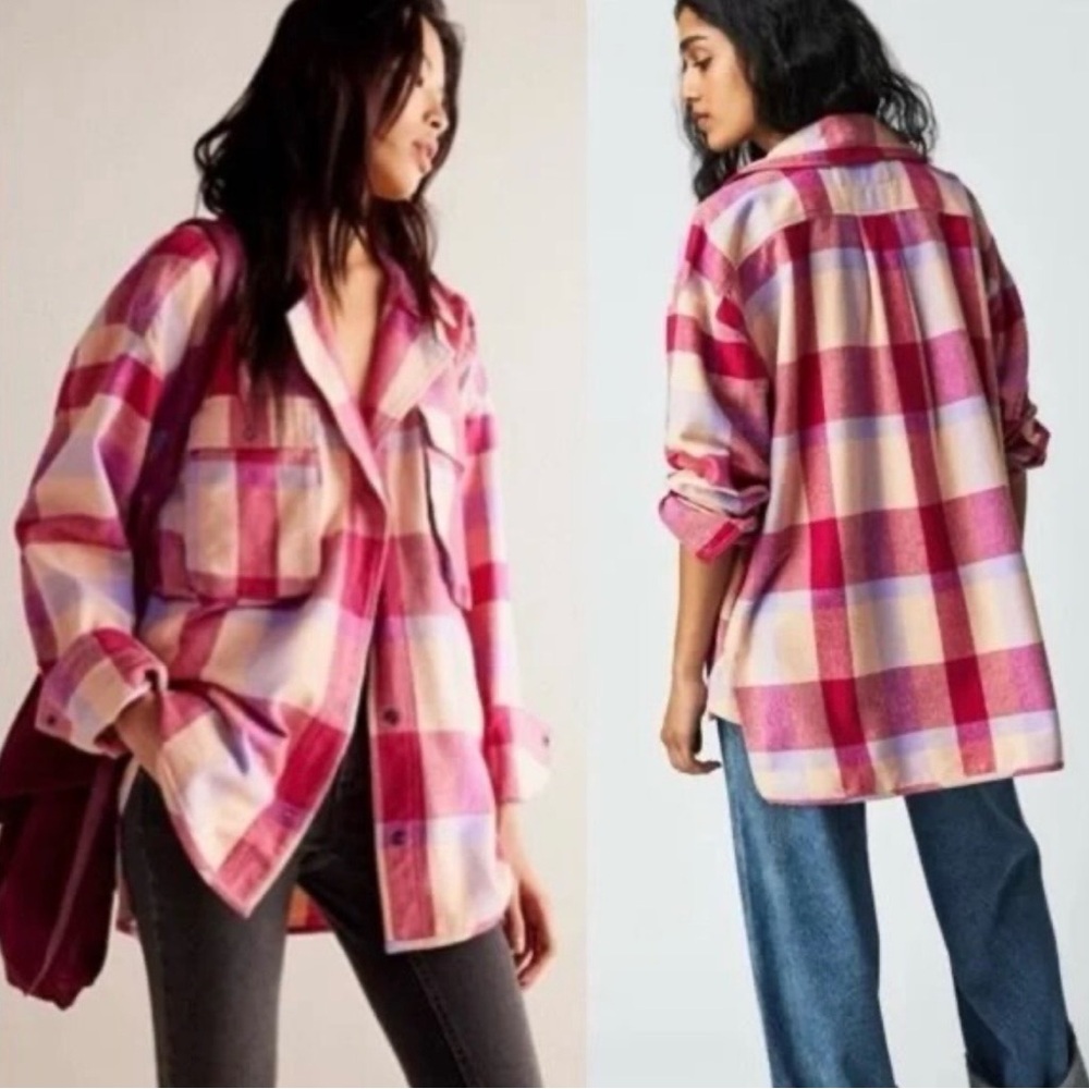 #34 We The Free Pink and Red Plaid Button-Down Shirt